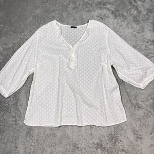 Talbots White Polka Dot Blouse Womens Medium 3/4 Sleeve Peasant Top